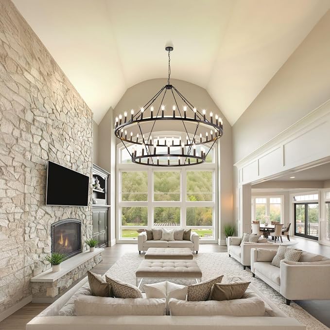 60 Inch Black Wagon Wheel Chandelier, 2 Tier 54-Lights Farmhouse Chandelier for Living Room, Round Rustic Dining Room Light Fixture, Extra Large Foyer Chandeliers for High Ceilings, for Entryway - Image 2