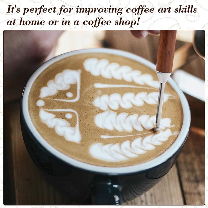 2 Pcs Double-Ended Latte Art Pen, Coffee Drawing Tool with Wood Handle, Latte Art Tools, Coffee Pen for Espresso Designs, Cafe and Home Use (2 Styles)