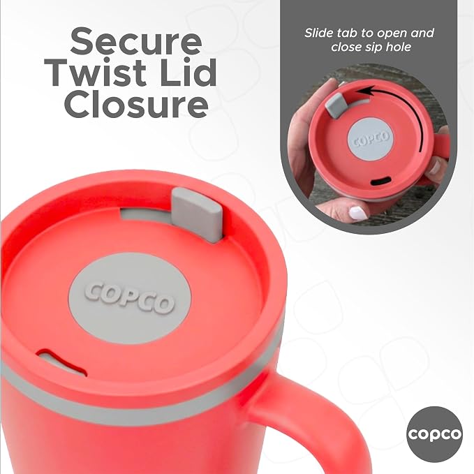 Copco Cone Desk Mugs, 16 Oz - Coral Red & Blue, Set of 2 | Double Wall Insulated Mugs with Twist Lids, Spill Resistant Drinkware with Handles for Home Office, Work, Tea & Beverages - Image 4