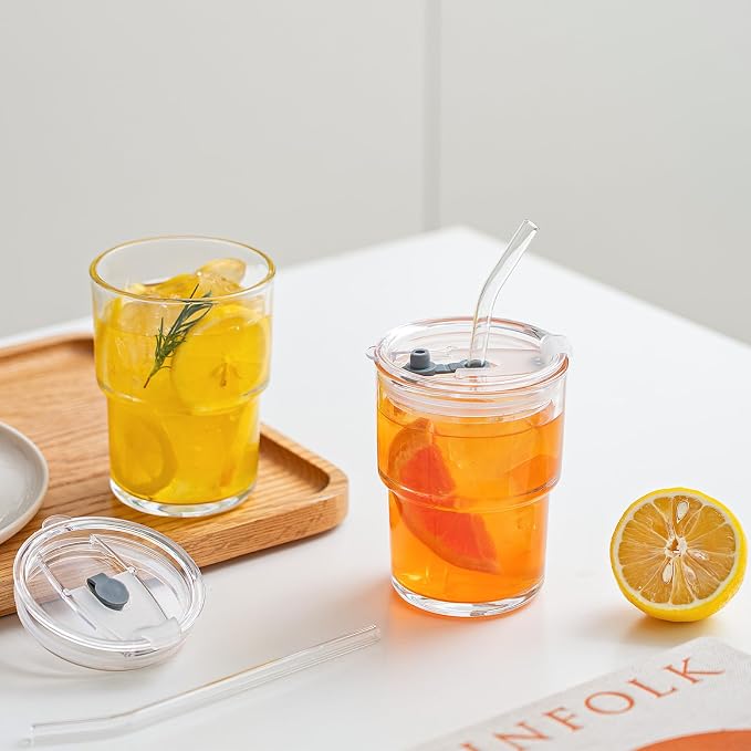 SoulTimes 13oz Clear Glass Tumbler with Lid and Straw – Iced Coffee Glasses Cups for Smoothie, Matcha, Juice, Water etc. Leakproof and Reusable Glassware Drinking for Travel To Go [2Pcs] - Image 2