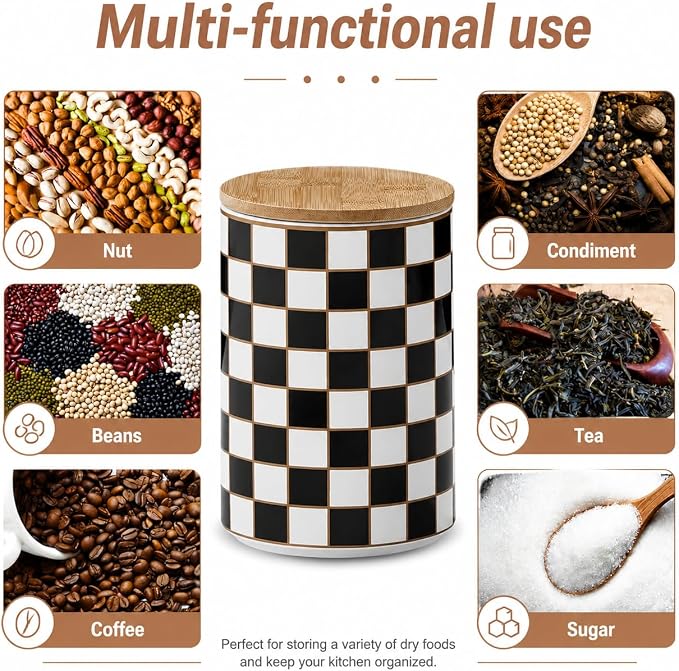 Kitchen Countertop Ceramic Checkered Canisters,Black And White Food Storage Containers With Lid,Airtight Kitchen Canisters for Flour, Sugar, Coffee, Tea, and Dry Goods (Black, XL) - Image 4