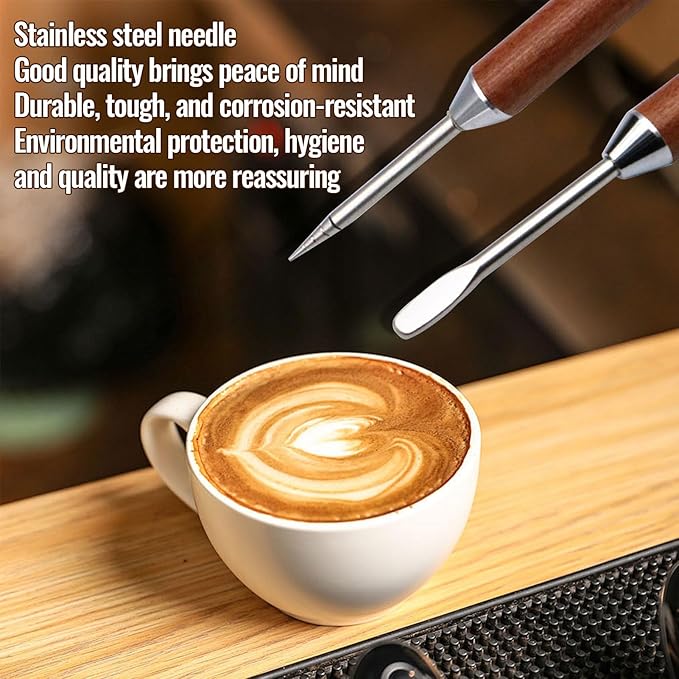 Rosewood Handle Latte Art Pen - Professional Stainless Steel Coffee Drawing Tool for Baristas & Home Coffee Lovers, Cappuccino Espresso Foam Design Carving Needle