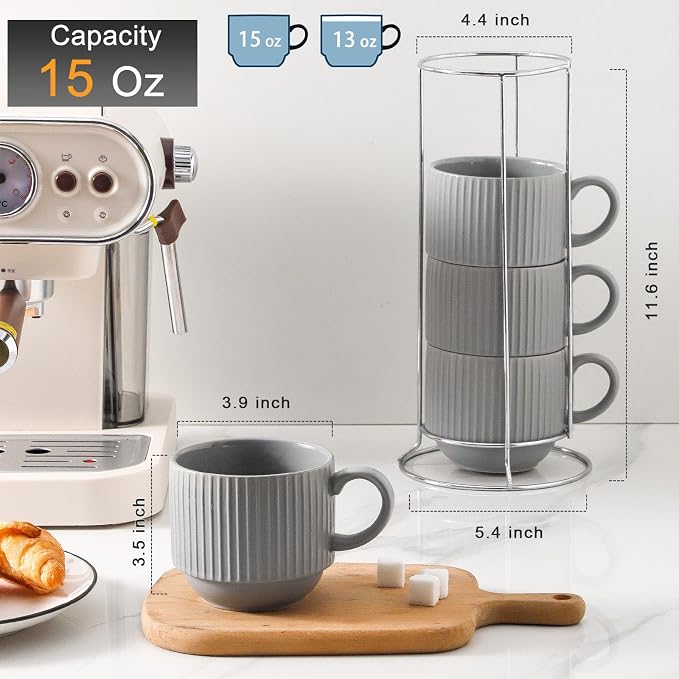 Hasense Coffee Mugs Set, Stacking Tea Cups Set of 4 with Holder - 15 oz Large Ceramic Ribbed Latte Cup Set for Cappuccino, Tea, Hot Cocoa, Drinks - Dishwasher & Microwave Safe, Grey - Image 3