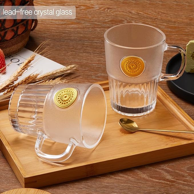 Vintage Glass Coffee Mugs Set of 2, 15oz Embossed Glass Coffee Cups with Bamboo Lids and Spoons, Handmade Tea Cups with Handle and Gift Box - for Cappuccino, Latte, Milk
