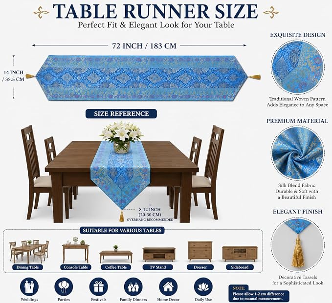 Indian Traditional Decorative Silk Table Runner Kitchen Dining Good Luck Table Cloth for Wedding Bridal Birthday Party Decorations 72x14 Inches Turquoise Color - Image 4