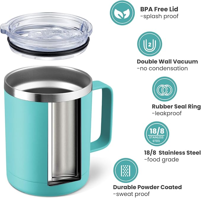 MEWAY 12oz Coffee Mug With Handle 4 Pack Bulk,Stainless Steel Insulated Travel Tumblers With Sliding Lid,Double Wall Vacuum Camping Cup for Hot & Cold Drinks Tea (Light Green,Set of 4) - Image 2