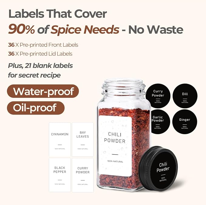 ComSaf Glass Spice Jars with with Labels 4 oz 24 Pack Small Square Bulk Set | Empty Containers, Seasoning Herb Powder, Salt Pepper Chili, Spice Rack Organization, Kitchen Cabinet Storage, Funnel Included - Image 2