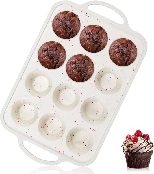 12-Cup Silicone Muffin Pans for Baking, Silicone Cupcake Pan with Handle, Easy to Clean Free Muffin Tin for Oven, Microwave, Freezer