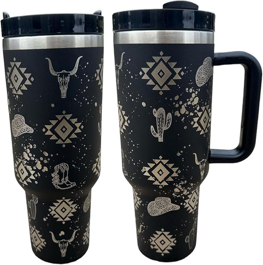 Tumbler, 40oz Tumbler, Western Tumbler, Engraved Cup with Handle, Cute Coffee Mug, 40oz Coffee Mug (Black)