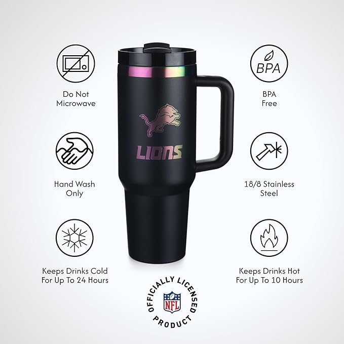 The Memory Company NFL 40oz Iridescent Tumbler - Double-Wall Vacuum Insulated Stainless Steel Water Bottle - Team Spirit Travel Cup with Handle, Lid and Straw, Hot and Cold Drink Container