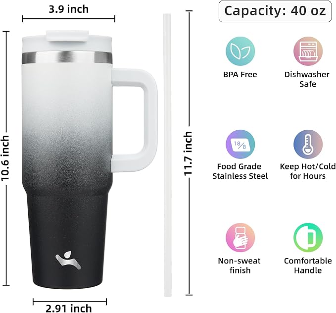 Konokyo 40 oz Insulated Tumbler Water Bottle with Handle, Straw Lid | BPA-free and dishwasher safe; made for gym, travel, coffee and gifting, 2 straws, cup holder friendly,Day Night - Image 4