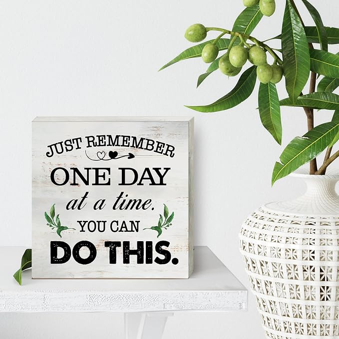 Just Remember One Day at a Time Wood Box Sign Home Decor Rustic Inspirational You Can Do It Wooden Box Sign Block Plaque for Wall Tabletop Desk Home Office Decoration 5" x 5" - Image 4