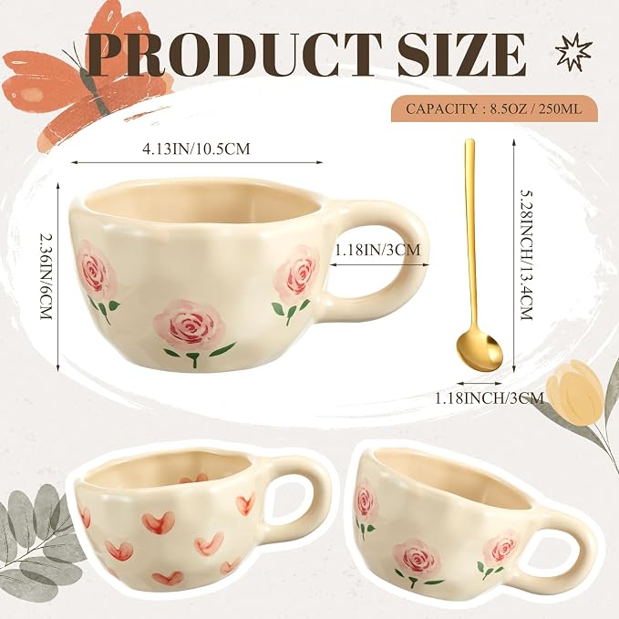 Vesici 2 Pcs Ceramic Coffee Mugs with Spoon, Vintage Floral Spring Mugs with Handle, 8.5 oz Aesthetic Flower Porcelain Tea Cup Set, Dishwasher & Microwave Safe Mothers Day Gifts for Mom(Heart,Rose) - Image 2