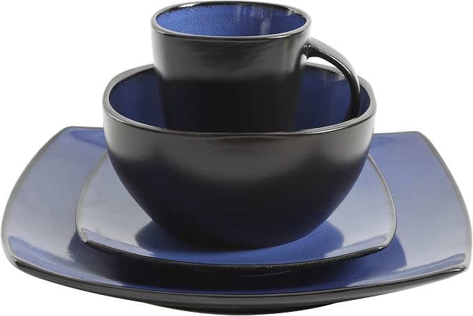 Gibson Elite Soho Lounge Square Reactive Glaze Stoneware Dinnerware Set, Service for 4 (16pc), Sapphire - Image 3