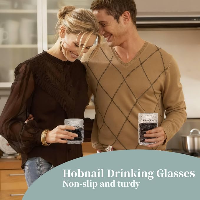 Gray Hobnail Drinking Glasses Set of 8，15 oz Vintage Highball Glassess & 12 oz Cocktail Glasses，Drinkware Kitchen Glasses for Cocktail, Iced Coffee, Beer, Ice Tea, Wine, Whiskey, Water - Image 5