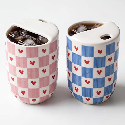 Hushee 2 Pack 16 oz Ceramic Coffee Mugs with Sip Hole, Retro Hand-painted Ceramic Travel Mug, Cute Blue Pink White Hearts Plaid Design, Microwave & Dishwasher Safe, Ideal Gifts for Coffee Lovers by Hushee