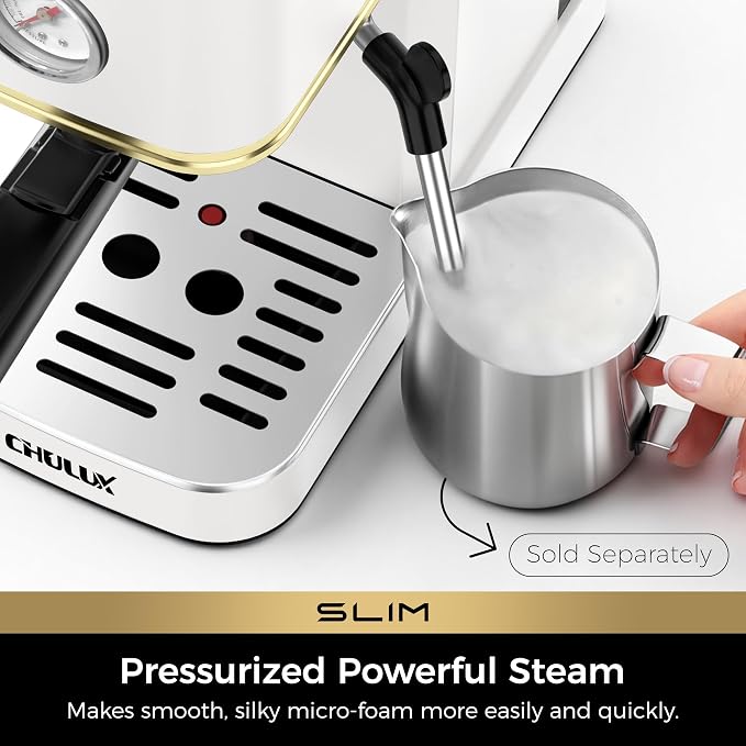 CHULUX Slim Espresso Machine with Milk Frother for Home Latte, White & Gold | Precise Pressure Gauge, Food-Grade Materials, 20 Bar Italian Pump, Professional Temperature Control System, Stainless Steel - Image 3