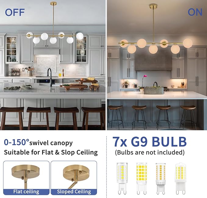 Modern Linear Gold Chandelier for Dining Room, 7-Light Adjustable Dimmable Ceiling Light with Glass Globes, Kitchen Island Pendant Lighting Mid Century Light Fixture for Living Room Bedroom Foyer - Image 3