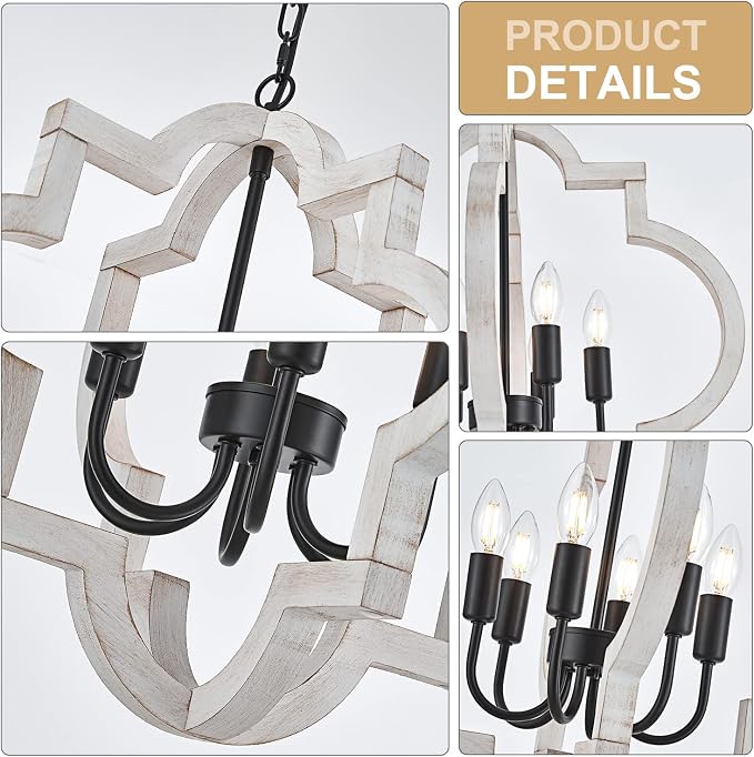 6-Light 21" Farmhouse Orb Chandelier Rustic Handmade Distressed White Wood Hanging Ceiling Pendant Light Fixture Wood Lantern Chandeliers for Dining Room Kitchen Bedroom Foyer Hallway - Image 8