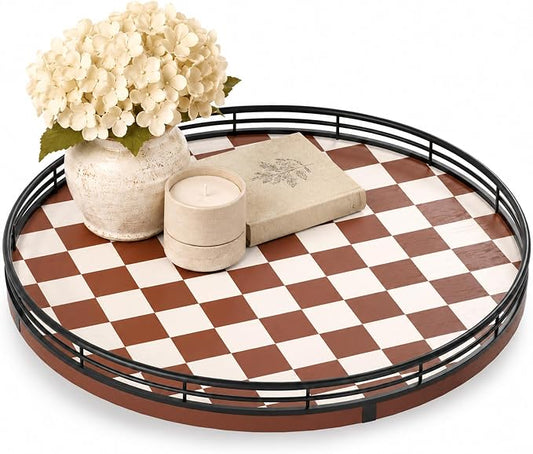 AMH 12-Inch Brown Checkerboard Lazy Susan with Black Metal Rail | Smooth rotating oak tray with walnut finish for dining tables, kitchen counters, pantries and cabinet storage. by AMH