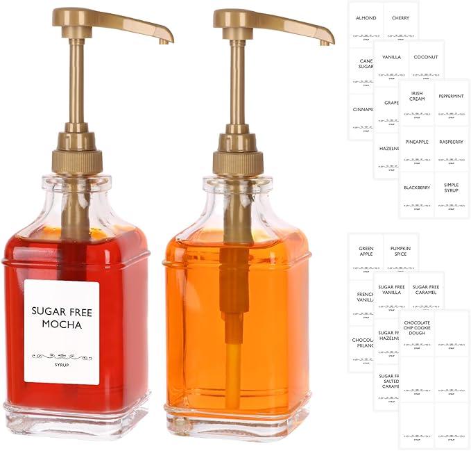 SZUAH 16oz Coffee Syrup Dispensers for Coffee Bar 2Pack, 480ml Glass Syrup Dispensers with Pumps and Stickers for Ketchup,Water and Lotion