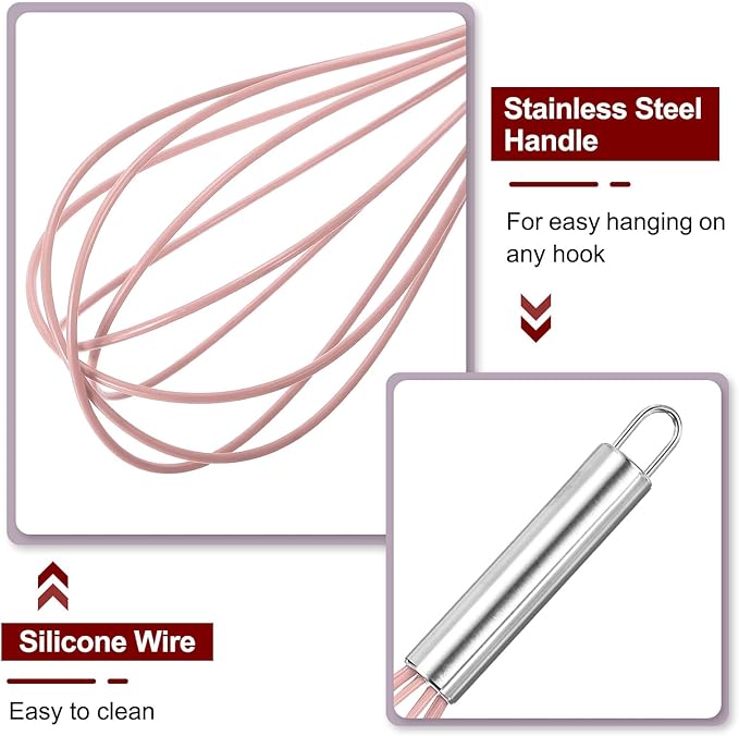 HARFINGTON 5Pcs Silicone Whisk 12" Kitchen Whisk Wire Whisks Beater with Stainless Steel Handle for Egg Milk Whisking Blending Beating & Stirring, Pink