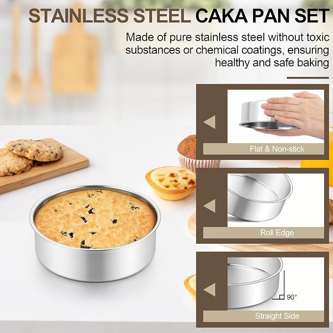Homikit 6 Inch Cake Pan Set of 2, Stainless Steel Round Cake Pans, 2” Deep Small Nonstick Layer Cake Tins Baking Pan for Wedding Birthday Baby Shower Party, Mirror Finish & Dishwasher Safe - Image 4