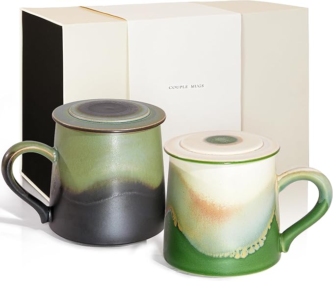Ceramic Coffee Mug Set of 2, Coffee Mugs with Lid,11.2 OZ Coffee Cup Ceramic Engagement Gifts for Couples Newly Engaged Wedding Gifts Married Couples Anniversary