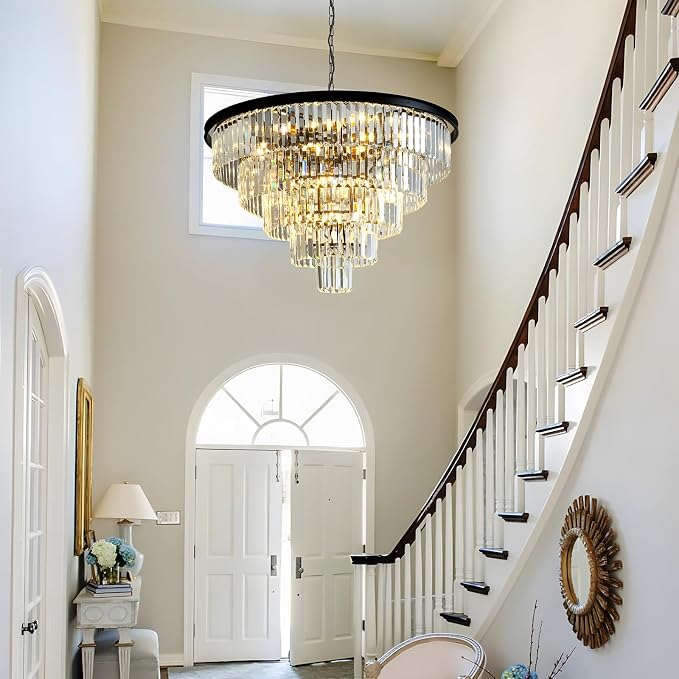Large Crystal Chandelier 30'' Modern Black Dining Room Light Fixture | 5-Tier K9 Luxury Crystal Pendant Light for High Ceiling Big lighting fixture for Living Room Kitchen Foyer Staircase Entryway - Image 3