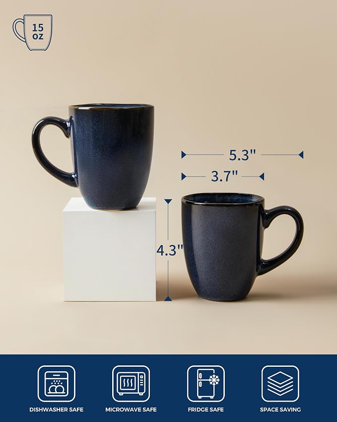 Pokini Coffee Mug 15 oz, Ceramic Coffee Mugs Set of 4, Reactive Glaze Mug for Latte/Tea/Cappuccino/Cocoa, Irregular Stackable Mug Set for Men, Women, Dad, Mom, Dishwasher & Microwave Safe, Starry Blue - Image 2