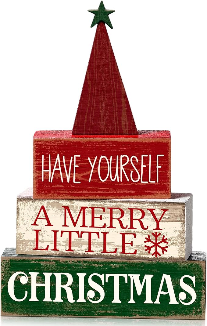 Moucuny 4 Pcs Christmas Decor Wooden Christmas Tree Winter Tiered Tray Decor Xmas Table Centerpiece Rustic Decorative Tree Block Signs Gift Farmhouse Winter Table Decoration for Home Kitchen by Moucuny
