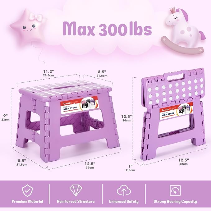 ACSTEP 9 Inch Foldable Step Stool for Kids, 300 lb, Light Purple | Lightweight Plastic Small Foldable Step Stool with Handle, Non-Slip, for Kitchen, Bathroom, Bedroom and Closet - Image 4