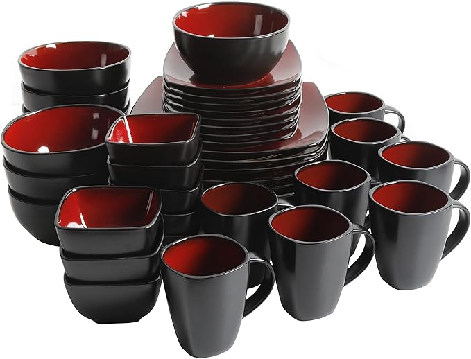 Gibson Elite Soho Lounge Square Reactive Glaze Stoneware Dinnerware Set, Service for 8 (40pc), Red/Black - Image 2