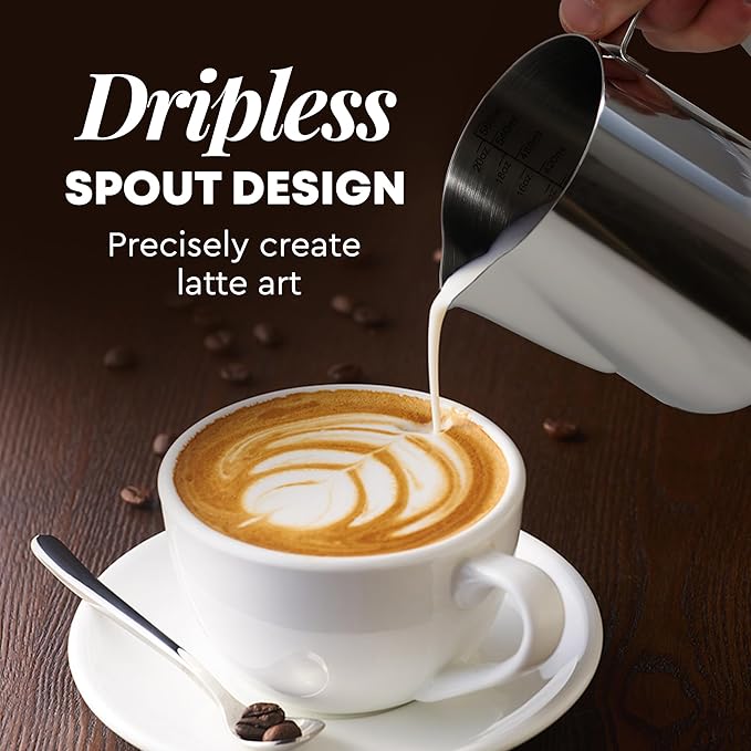 Zulay Milk Frothing Pitcher with Latte Art Pen – 12oz 20oz 32oz - Stainless Steel Frother Cup with Measurement Markings, Espresso & Coffee Accessories Creamer Jug with Laser-Welded Handle - 20 oz