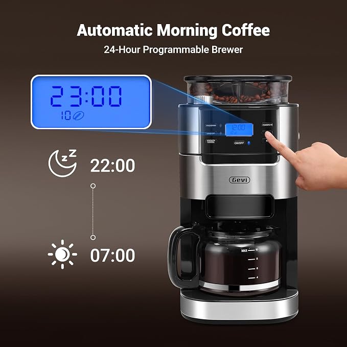 Gevi 10-Cup Grind-And-Brew Drip Coffee Maker with Built-In Burr Grinder | Programmable Timer, 1.5L Water Tank, 2-Hour Auto Keep-Warm, Durable Reusable Permanent Filter for Daily Coffee Brewing - Image 4