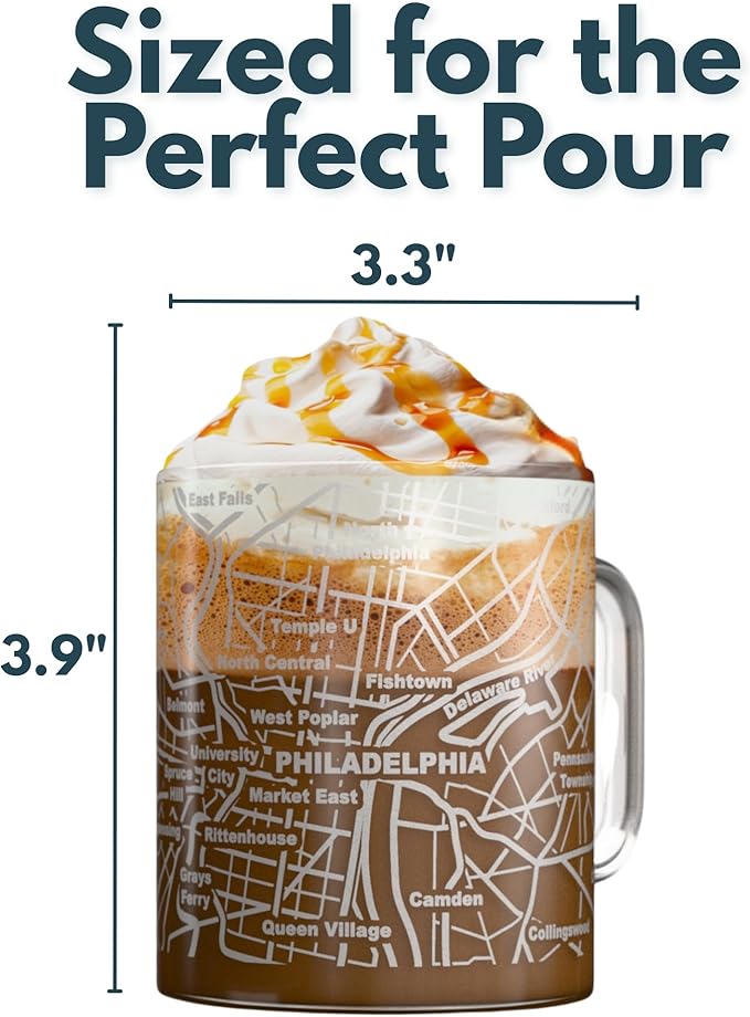 Greenline Goods – Philadelphia, PA Map Glass Coffee Mugs (Set of 2), 16 oz – Etched Wrap Design