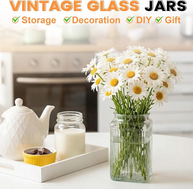 6 Pcs Vintage Glass Storage Jar with Lid 34 oz Glass Containers Stylish Ribbed Pattern Airtight Kitchen Jars Candy Jar for Food Cookies Candy Coffee Tea Beans Grains Storage - Image 6