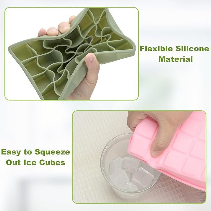 Silicone Ice Cube Tray, Easy Release Flexible Ice Cube Tray with Removable Lid, 24 Ice Cub Per Tray for Whiskey, Freezer, Cocktail, Reusable & BPA Free (Pink+Green)