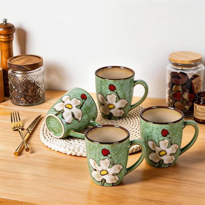 12oz Coffee Mugs Set of 4, Hand-Painted Floral Stoneware Cups with Handle, Dishwasher Microwave Oven Safe, Cappuccino Mugs for Latte, Tea, Espresso & Hot Cocoa, for Home Kitchen & Cafe, Green - Image 2