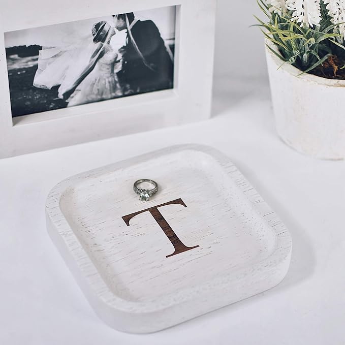 I'm Wooden Personalized Letter Catchall Valet Tray Trinket Dish Jewelry Tray Key Bowl Decorative Plate Organizing Ring Earrings Necklaces Bracelet Watch Coins Wallet Holder (6"x6" Sq White T)