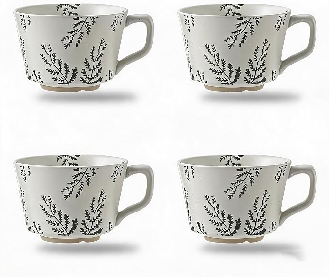 4 Pack Speckled Ceramic Coffee Mugs, 12oz Vintage Green Fern Leaf Large Tea Cups, Rustic Handmade Style Drinking Mugs for Coffee Tea Cocoa Milk, Dishwasher Microwave Safe, Housewarming Gift Set by Tvvtuww