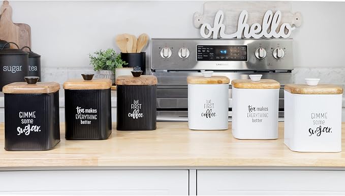 AuldHome Design Farmhouse Black Enamelware Canisters (Set of 3); Storage Containers for Coffee, Tea and Sugar in Black Enamel and Wood Design - Image 8