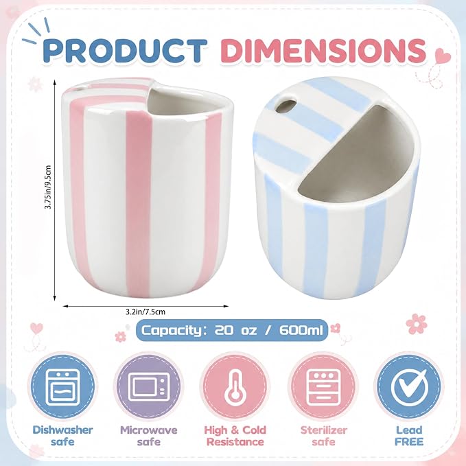 2 Pcs Ceramic Mug with Sip Hole 10 oz Novelty Pink Light Blue Striped Coffee Mug Hand Painted Ceramic Cup Heat Resistant Non Slip Built in One Lid Handcraft Mugs for Coffee Lovers Gift - Image 2