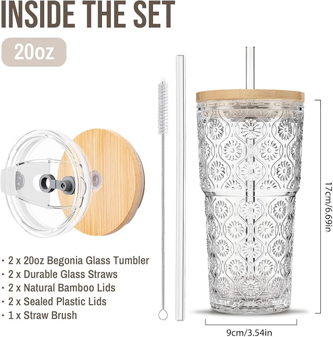 SoulTimes 20oz Begonia Flower Glass Tumbler with Bamboo Lid and Straw–Iced Coffee Glasses Cups for Smoothie, Matcha, Juice, Water etc. Leakproof and Reusable Glassware Drinking for Travel To Go [2Pcs] - Image 3