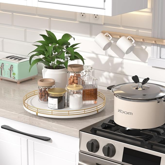 Oroyutor 13-Inch White and Gold Wooden Lazy Susan Spice Organizer | Rotating oak tray organizes spices, toiletries and decor on kitchen counters, bathroom vanities, dining and coffee tables. - Image 3