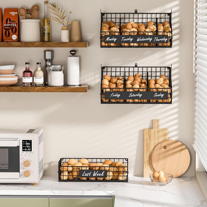 Egg Holder Countertop with 5 Dividers & DIY Nameplate to Separate Eggs | 3 Tier Stackable Wire Storage Baskets for Gathering Fresh Eggs, XXL Large Egg Rack, Wall-Mounted (Patent Pending) - Image 2