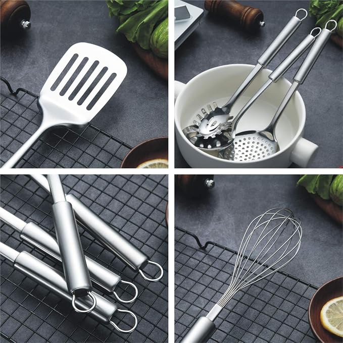Berglander Cooking Utensil Set 13 Piece Stainless Steel Kitchen Tool Set with Holder, Include Cooking Spoon, Spatula, Whisk, Cooking Tong and etc. (13 Pieces) - Image 6
