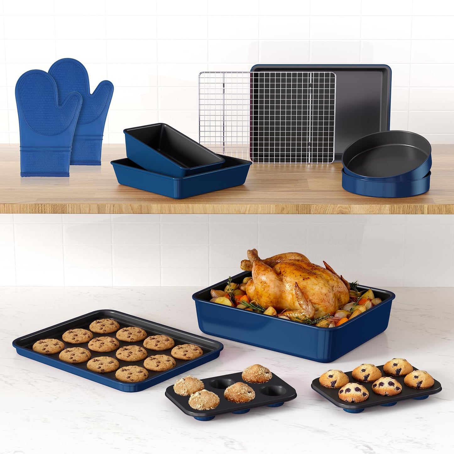 Wildone 13-Piece Baking Pans Set Nonstick - Stackable Bakeware Sets Including Cookie Sheets for Baking, Rack, Muffin Pan, Cake pan, Loaf Pan, Roasting Pan, Heavy Duty & Easy Clean, Plum