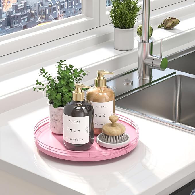 Oroyutor 12-Inch Oak Lazy Susan Vanity Tray, Pink Finish | Rotating oak tray organizes spices, toiletries and decor on kitchen counters, bathroom vanities, dining and coffee tables. - Image 4