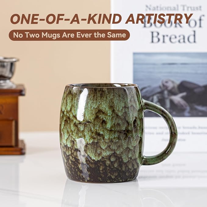 Unique Reactive Glaze Ceramic Coffee Mug - 14 oz Large Coffee Cup with Ergonomic Handle, Forest Green Ceramic Mug for Office & Home, Great Birthday Gift for Women, Men & Friends, Microwave Safe - Image 3